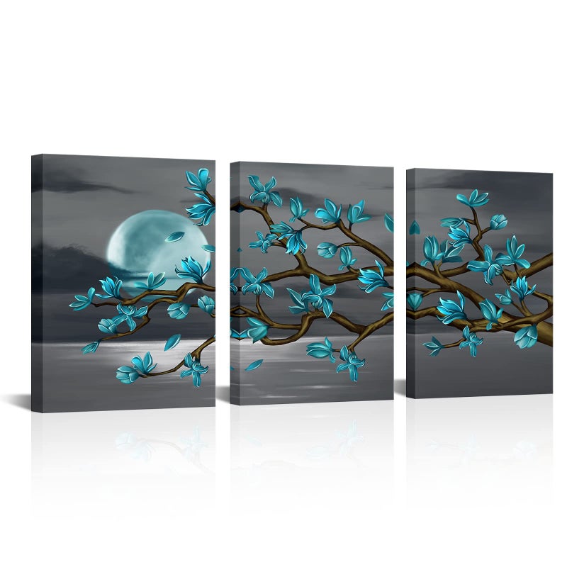 Visual Art Decor Turquoise Flowers Wall Art Teal Magnolia Full Moon Sea Seascape Canvas Prints, Framed Art, Turquoise Bedroom Living Room Home Office Decoration 3 Pieces - Image 1